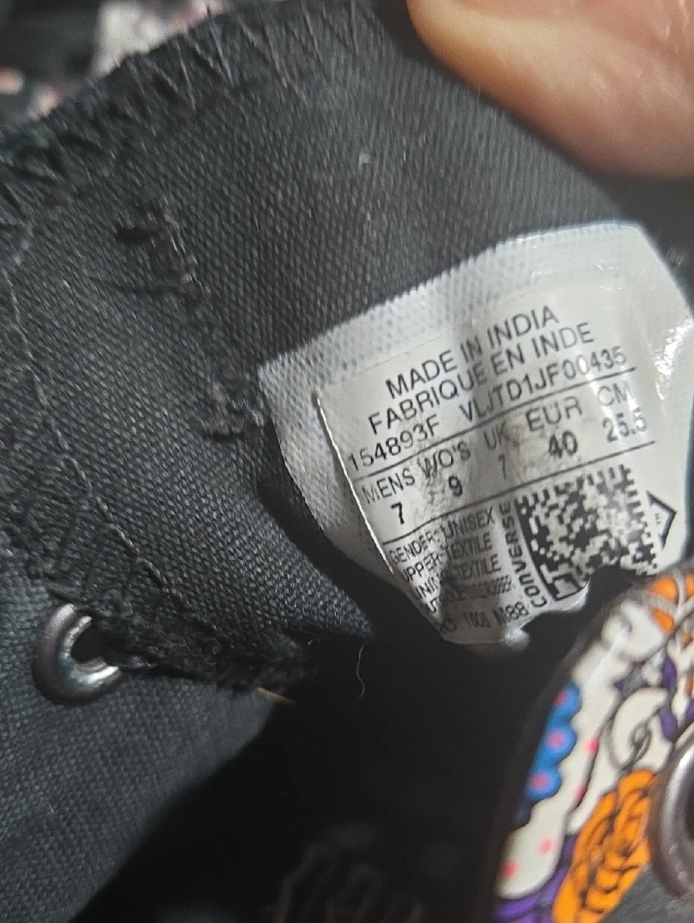 Converse Sneakers with Black Canvas and Colorful Sugar Skull Accent, Mens 7 - Picture 6 of 6